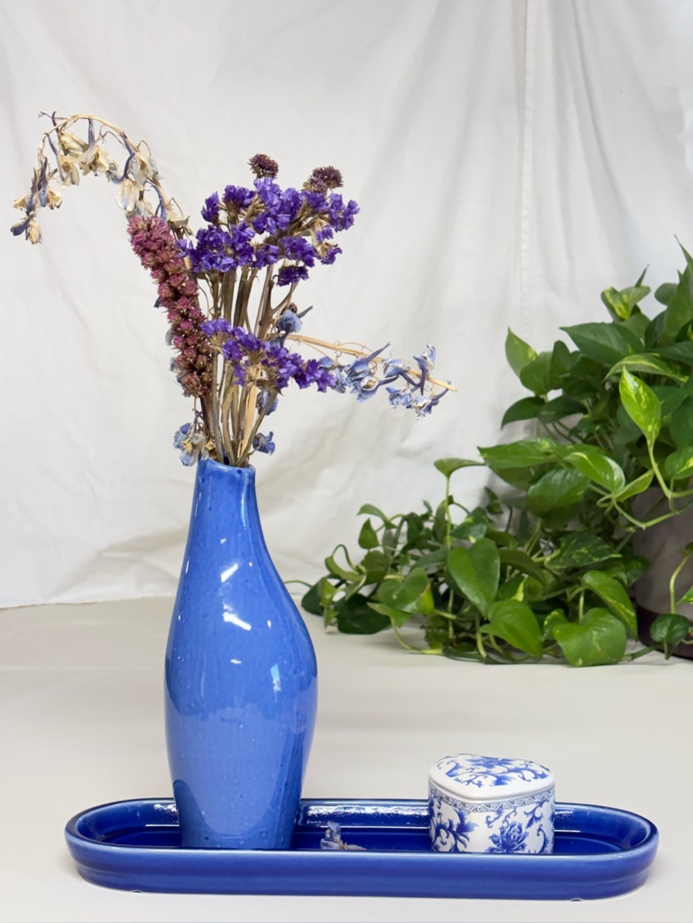 Vintage Cobalt Blue Vanity Set Chinoiserie Heart Trinket Box Tray & Bud Vase